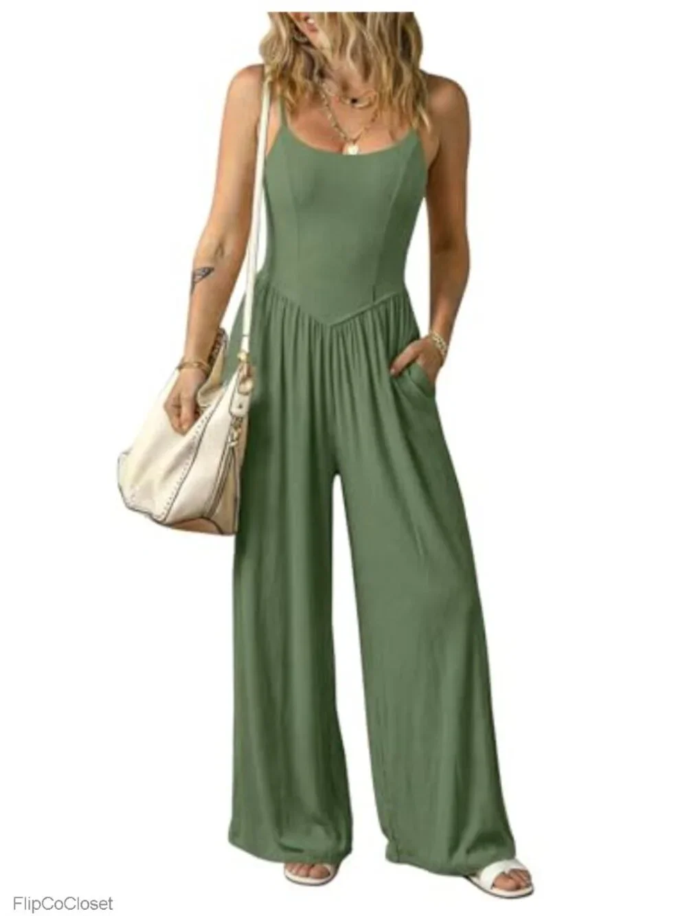 Women's Sleeveless Wide Leg Jumpsuit with Pockets, 90% Rayon 10% Spandex Casual